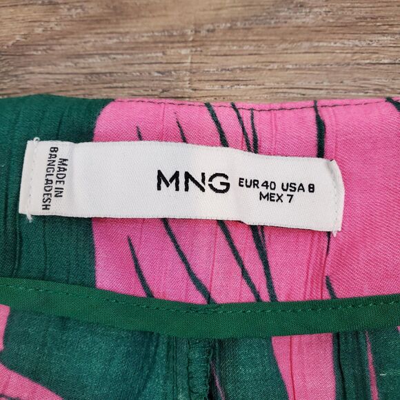 Mango High Rise Wide Leg Pants 8 Pink Green Tropical Resortwear Hawaiian Travel - Picture 10 of 12